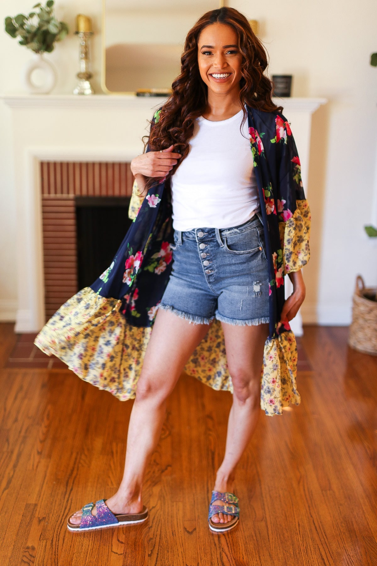 Navy & Yellow Colorblock Floral Chiffon Ruffle Kimono