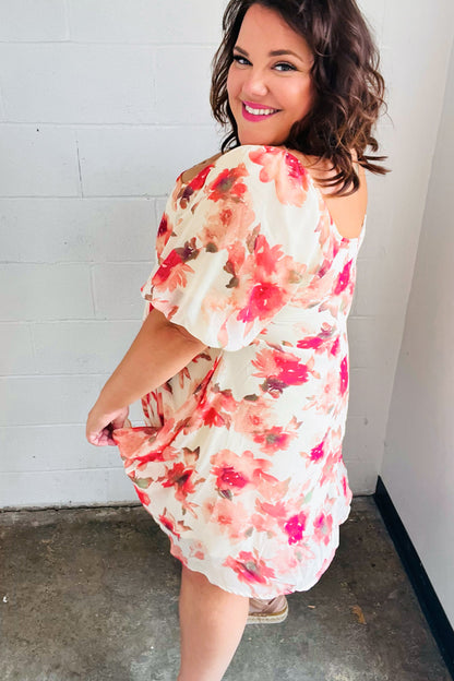 Peach Floral Chiffon Puff Sleeve Dress