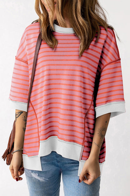 Sky Blue Stripe Contrast Drop Sleeve Loose Top