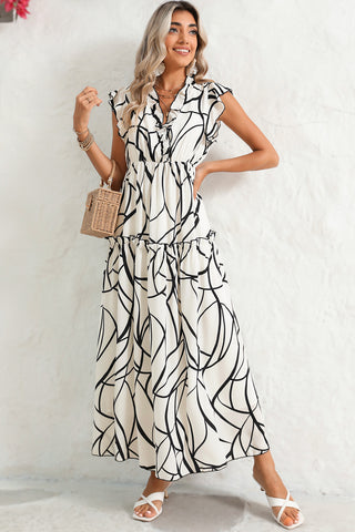 White Abstract Print V Neck Ruffle Maxi Dress