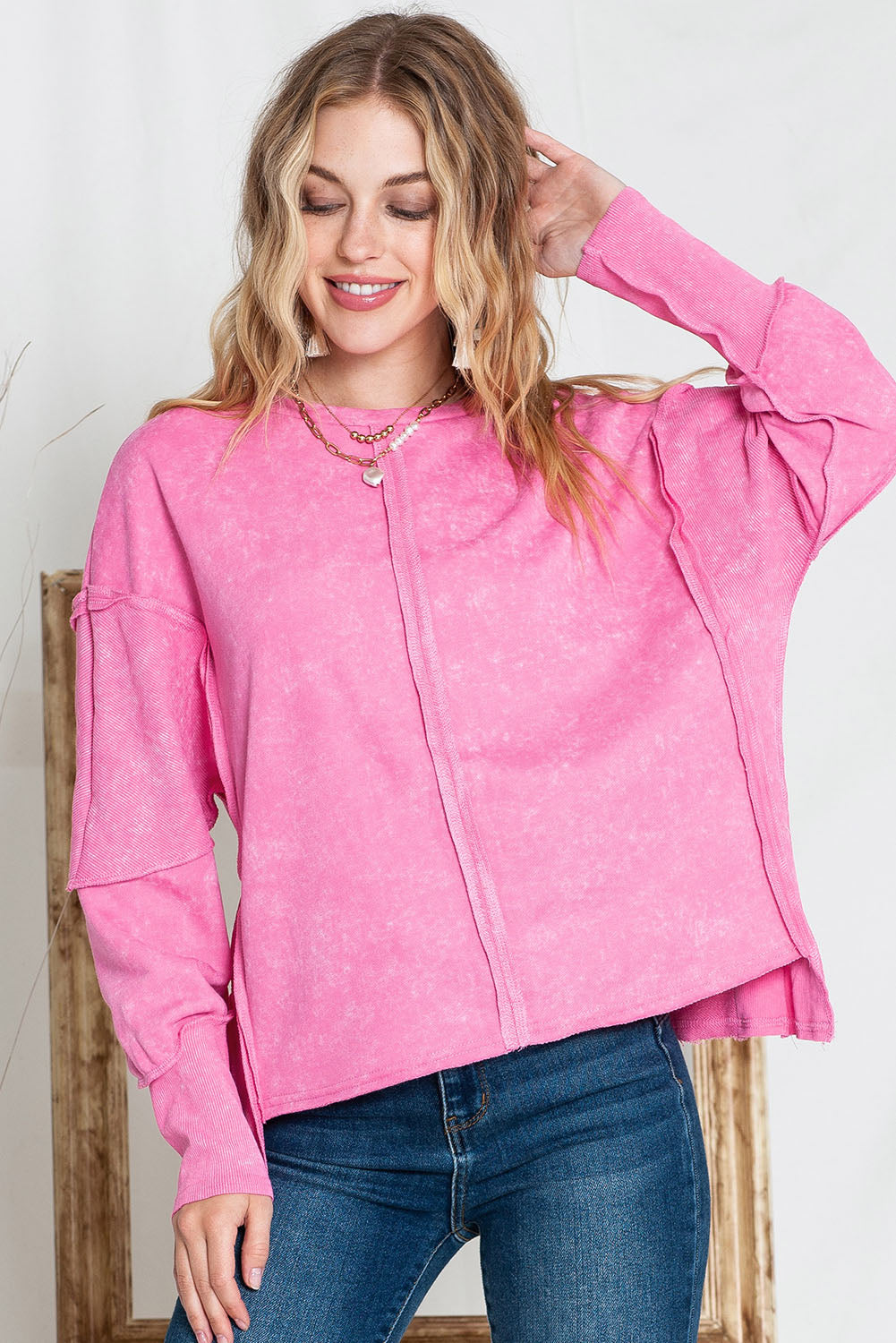 Exposed Seams Round Neck Dropped Shoulder Sweatshirt