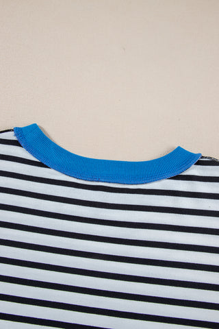 Sky Blue Stripe Contrast Drop Sleeve Loose Top