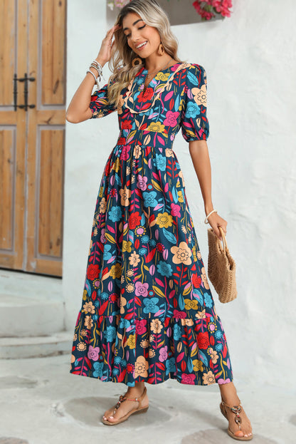 Green Floral Print Split V Neck Puff Sleeve Maxi Dress