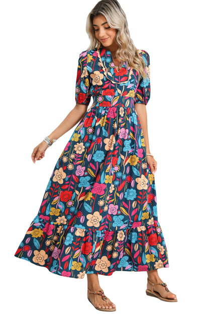 Green Floral Print Split V Neck Puff Sleeve Maxi Dress