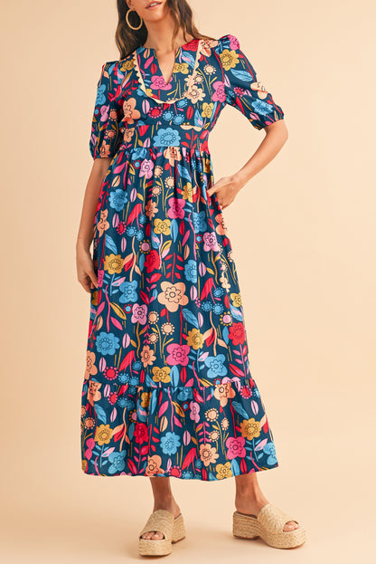 Green Floral Print Split V Neck Puff Sleeve Maxi Dress