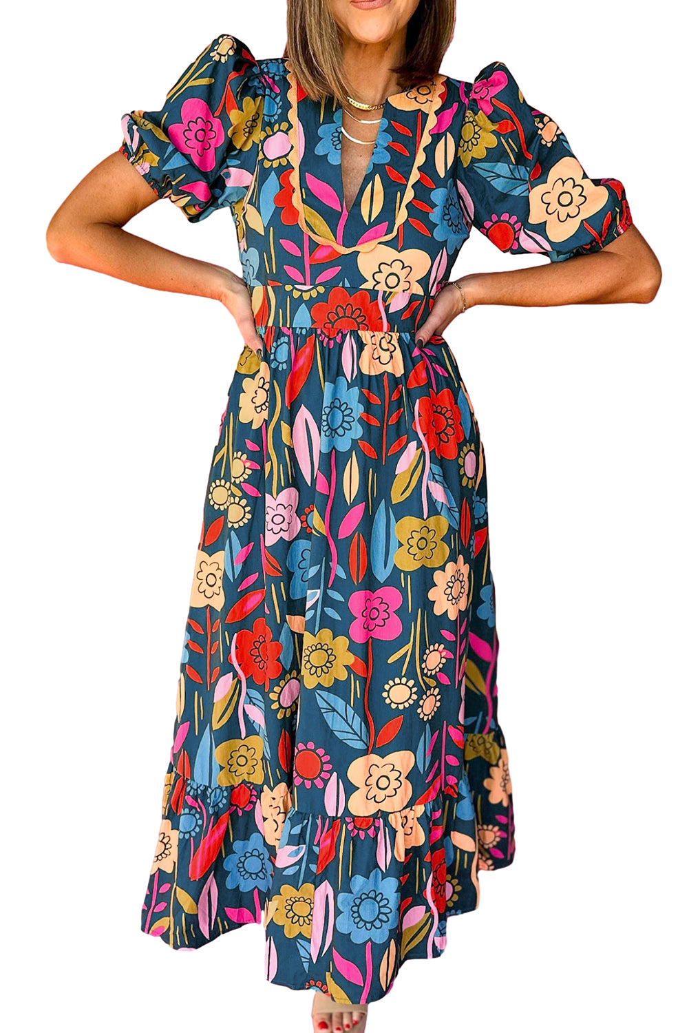 Green Floral Print Split V Neck Puff Sleeve Maxi Dress