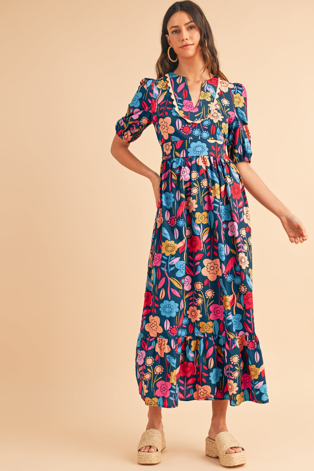 Green Floral Print Split V Neck Puff Sleeve Maxi Dress