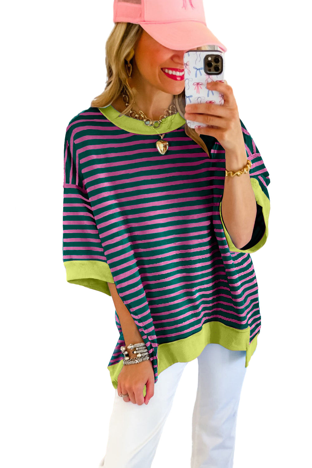 Sky Blue Stripe Contrast Drop Sleeve Loose Top