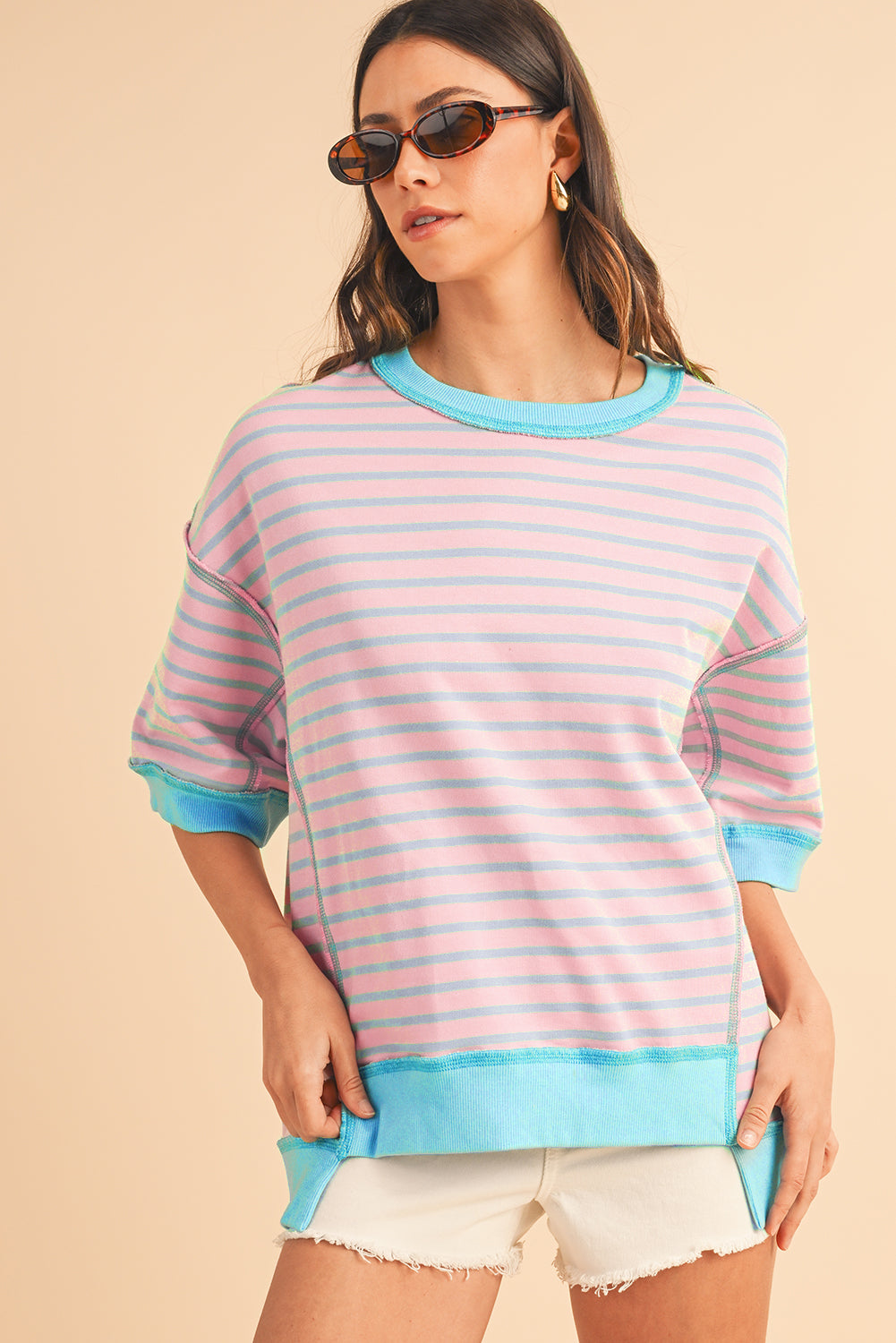 Sky Blue Stripe Contrast Drop Sleeve Loose Top