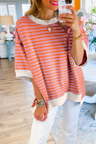 Sky Blue Stripe Contrast Drop Sleeve Loose Top