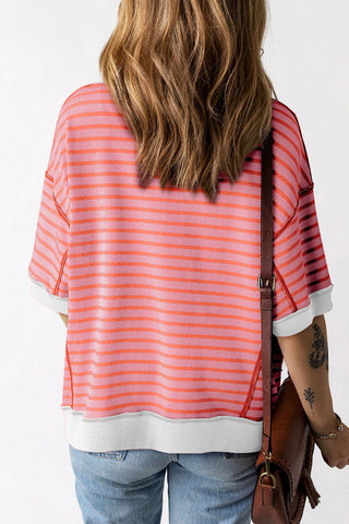 Sky Blue Stripe Contrast Drop Sleeve Loose Top