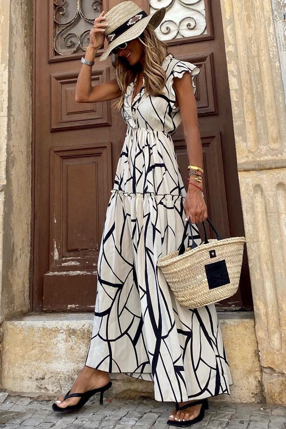 White Abstract Print V Neck Ruffle Maxi Dress