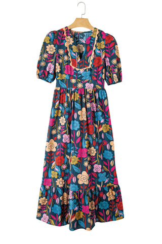 Green Floral Print Split V Neck Puff Sleeve Maxi Dress