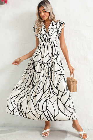 White Abstract Print V Neck Ruffle Maxi Dress