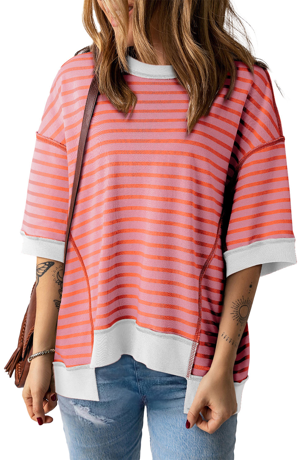 Sky Blue Stripe Contrast Drop Sleeve Loose Top