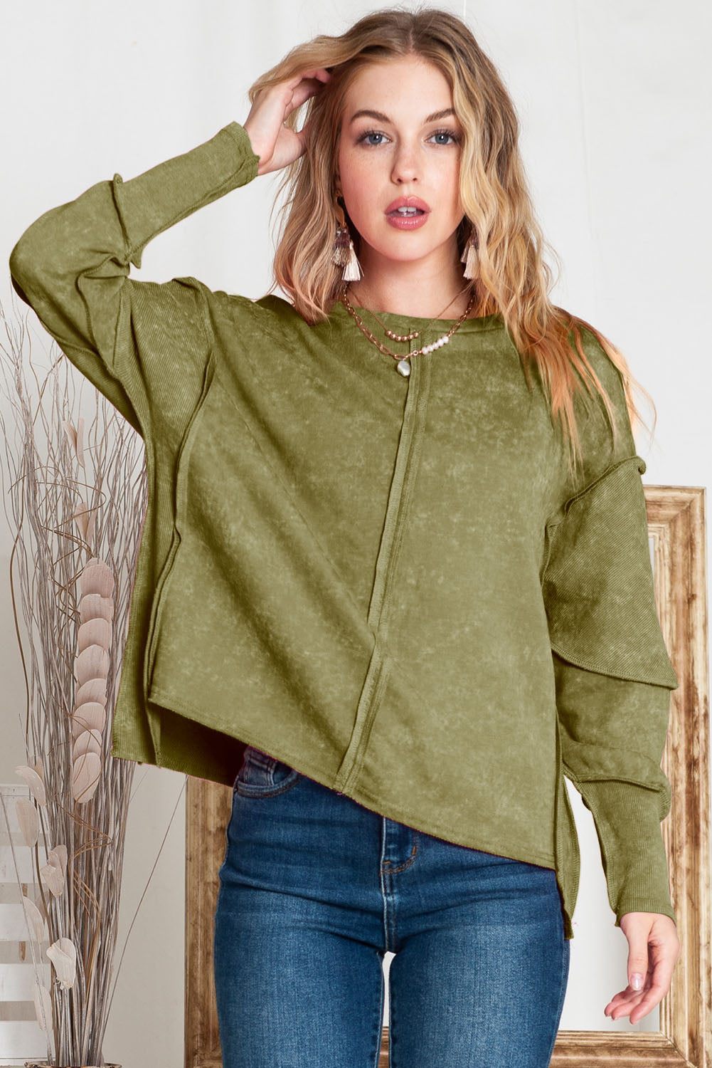 Exposed Seams Round Neck Dropped Shoulder Sweatshirt