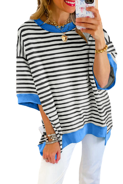 Sky Blue Stripe Contrast Drop Sleeve Loose Top