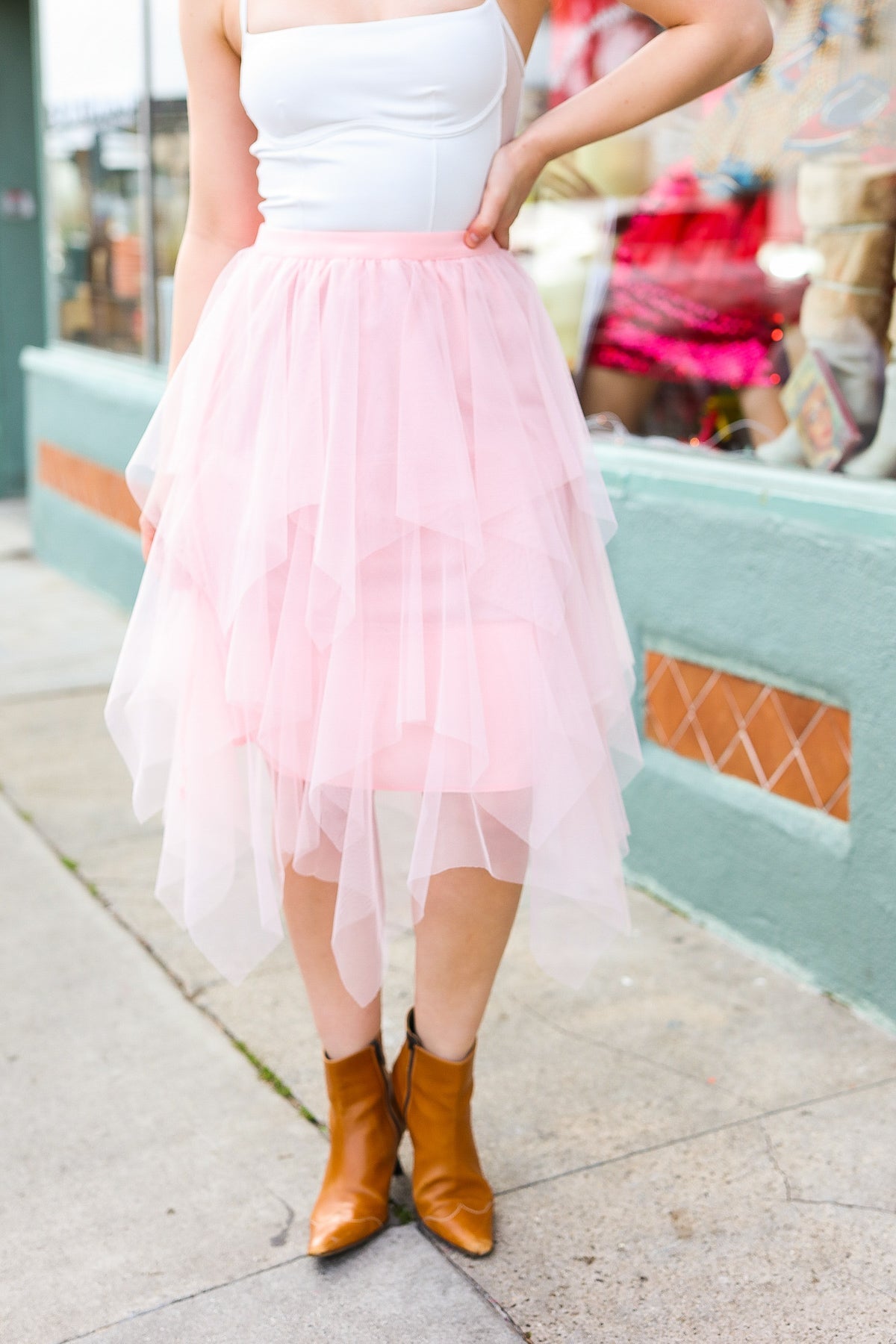 Feeling Femme' Blush Asymmetric Tiered Tulle Midi Skirt