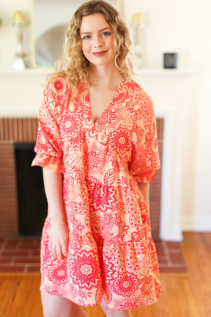 All You Need Peach & Coral Boho Floral V Neck Dress