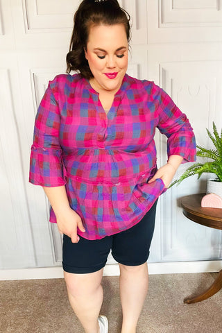 Back To Basics Fuchsia Plaid Notched Neck Babydoll Top