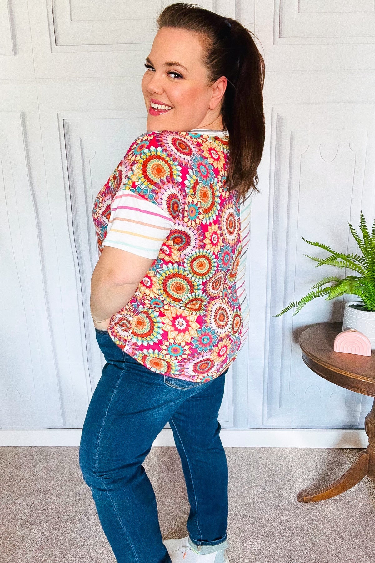 Always Fun Ivory & Fuchsia Stripe and Crochet Print Top