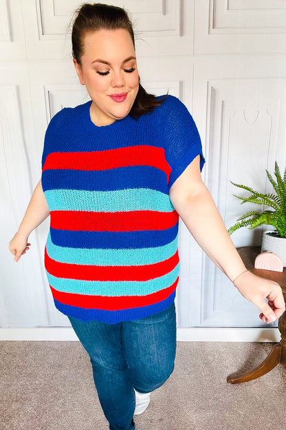 Forget Me Not Royal Blue Stripe Short Sleeve Dolman Sweater