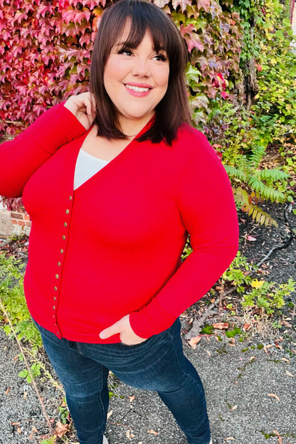 Day On The Town Red Snap Button Rib Cardigan