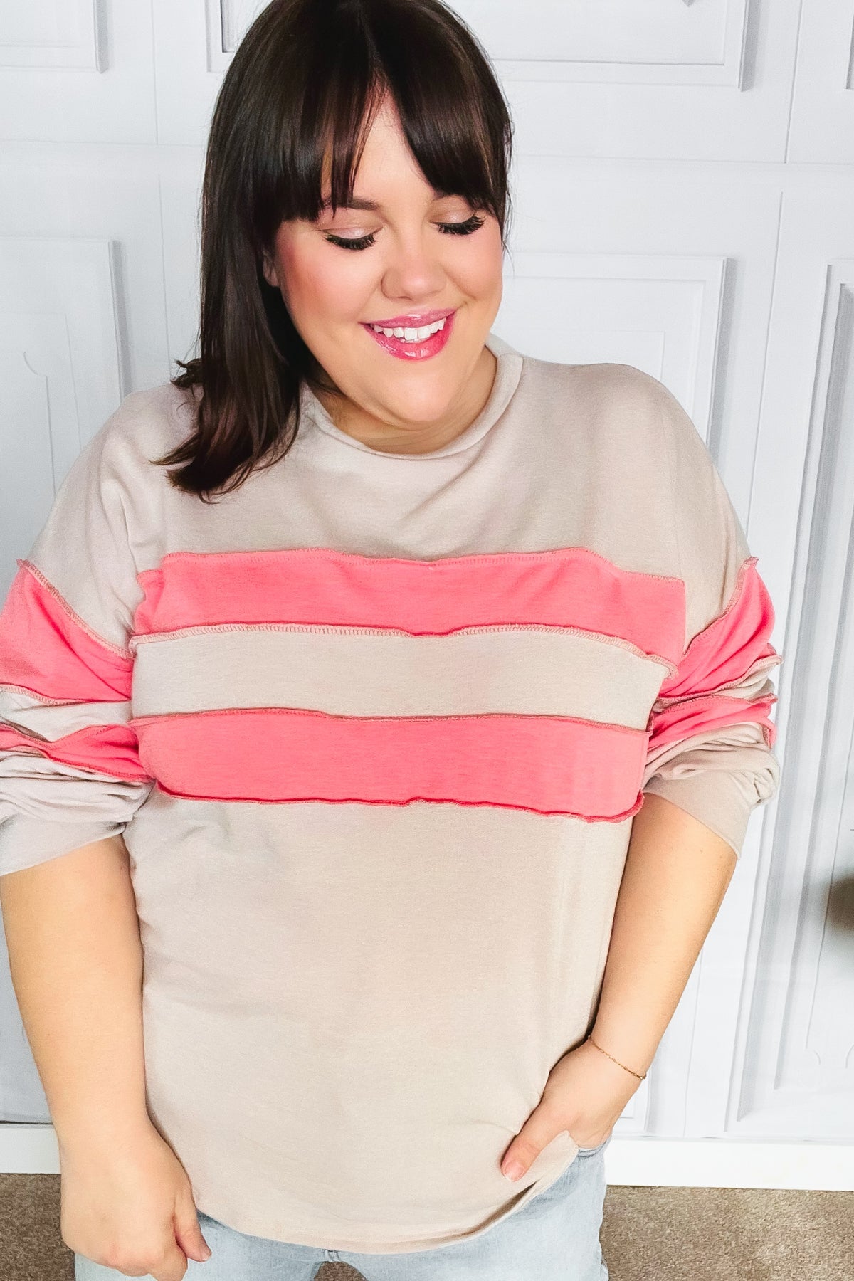 Rally Day Taupe & Coral Game Day Stripe Outseam Terry Top