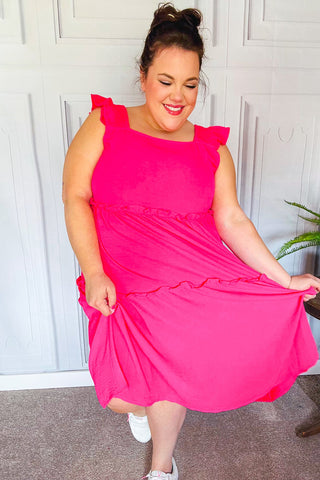 Lots To Love Fuchsia Smocked Flutter Sleeve Tiered Midi Dress