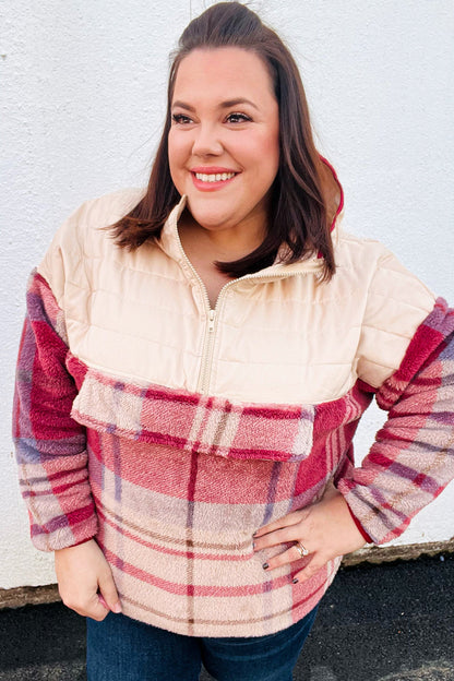 Tried & True Oatmeal & Garnet Plaid Half Zip Puffer Hoodie