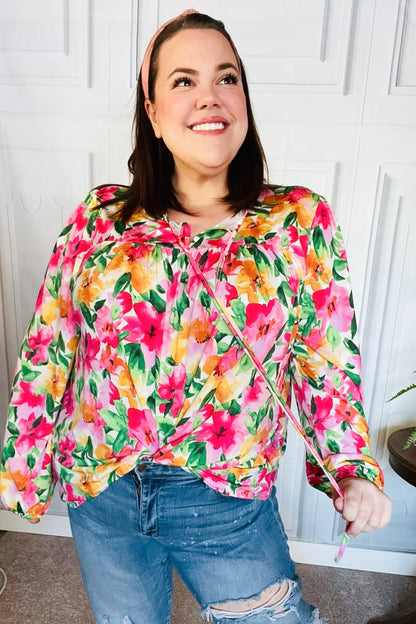 Pretty In Pink Watercolor Floral Yoke Tie Top