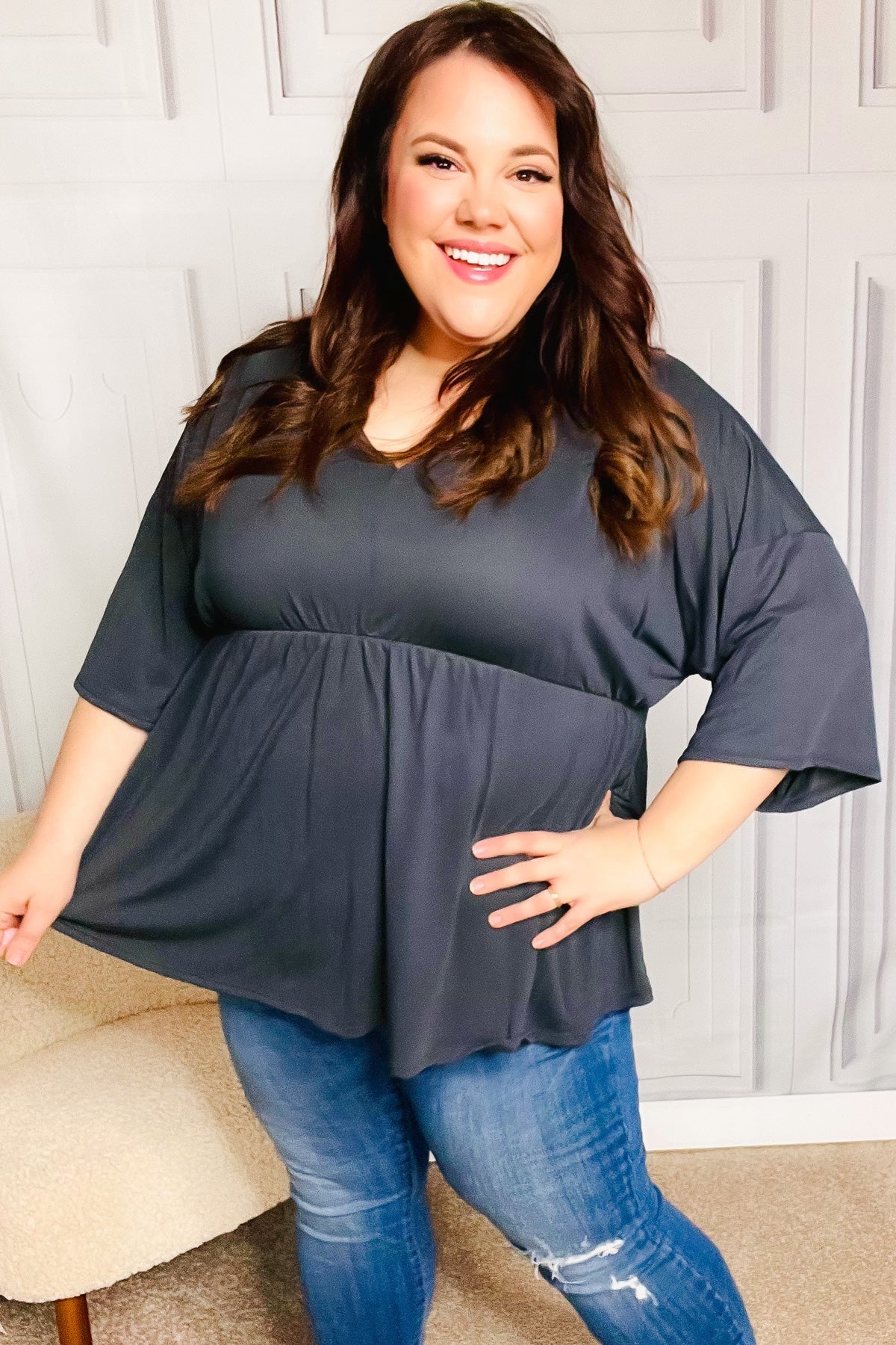 Easy To Love Charcoal Babydoll Dolman Modal V Neck Top