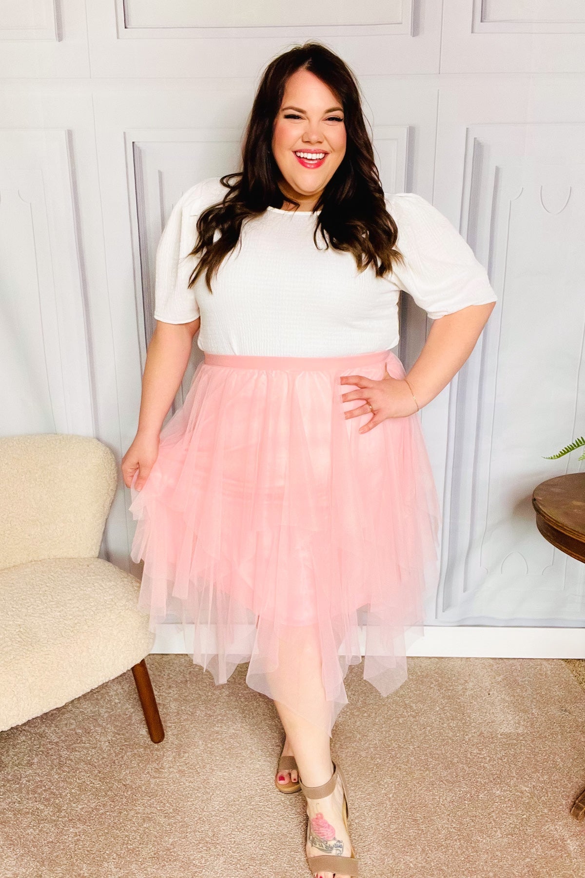 Feeling Femme' Blush Asymmetric Tiered Tulle Midi Skirt