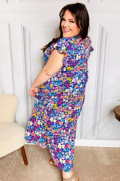 Just A Dream Navy Floral Smocked Ruffle Sleeve Maxi Dress