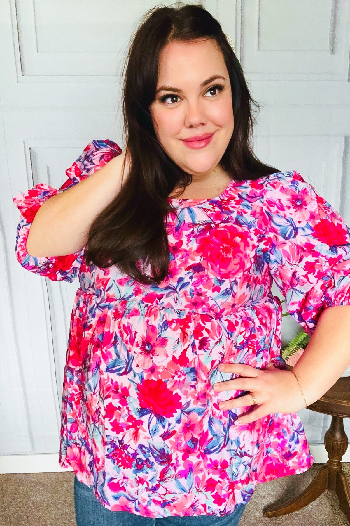 Feeling Femmi Pink & Fuchsia Floral Peplum Woven Top