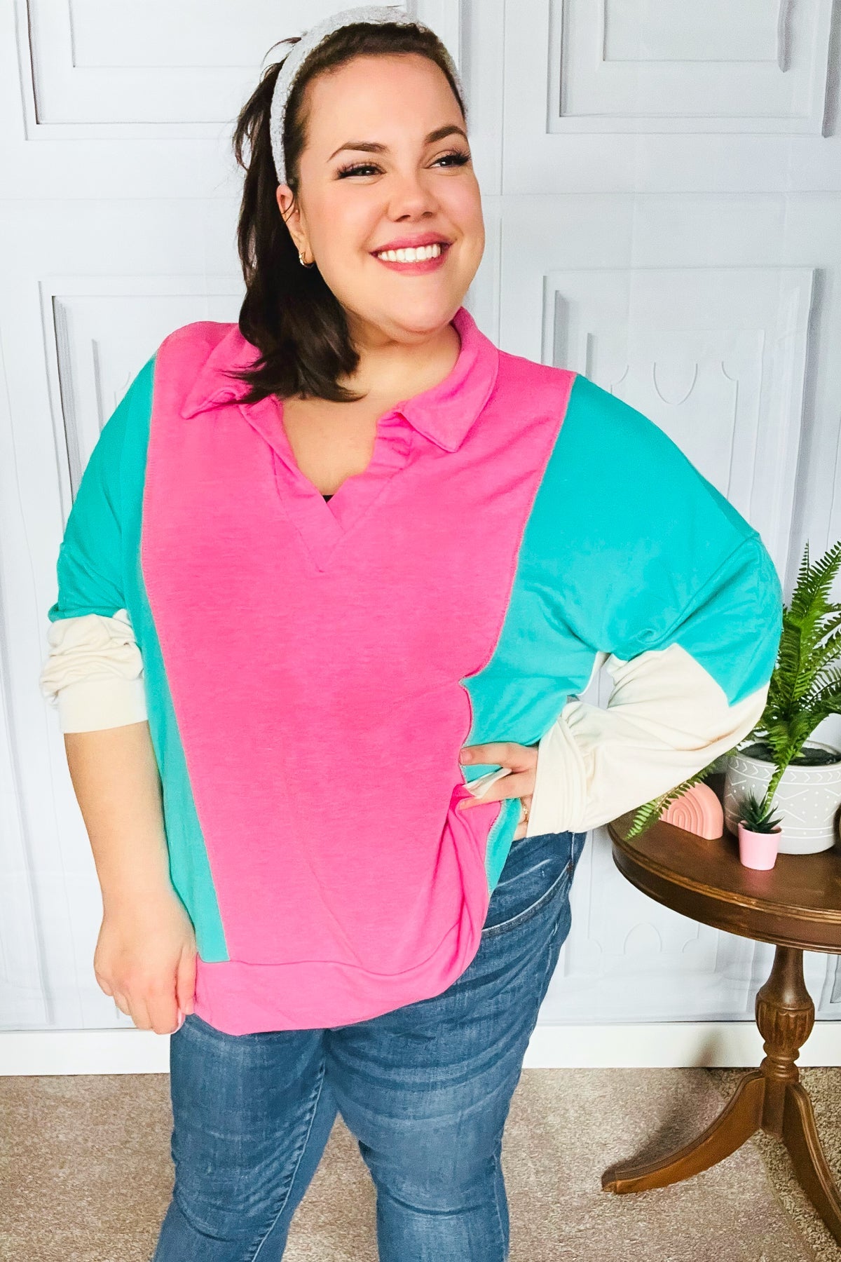 Stand Out Hot Pink & Mint V Neck Collared Terry Color Block Top