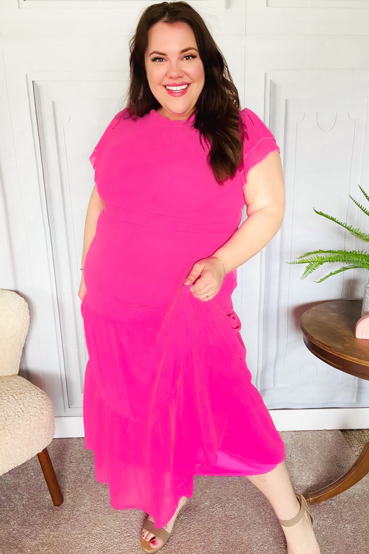 Perfectly You Hot Pink Mock Neck Tiered Chiffon Maxi Dress