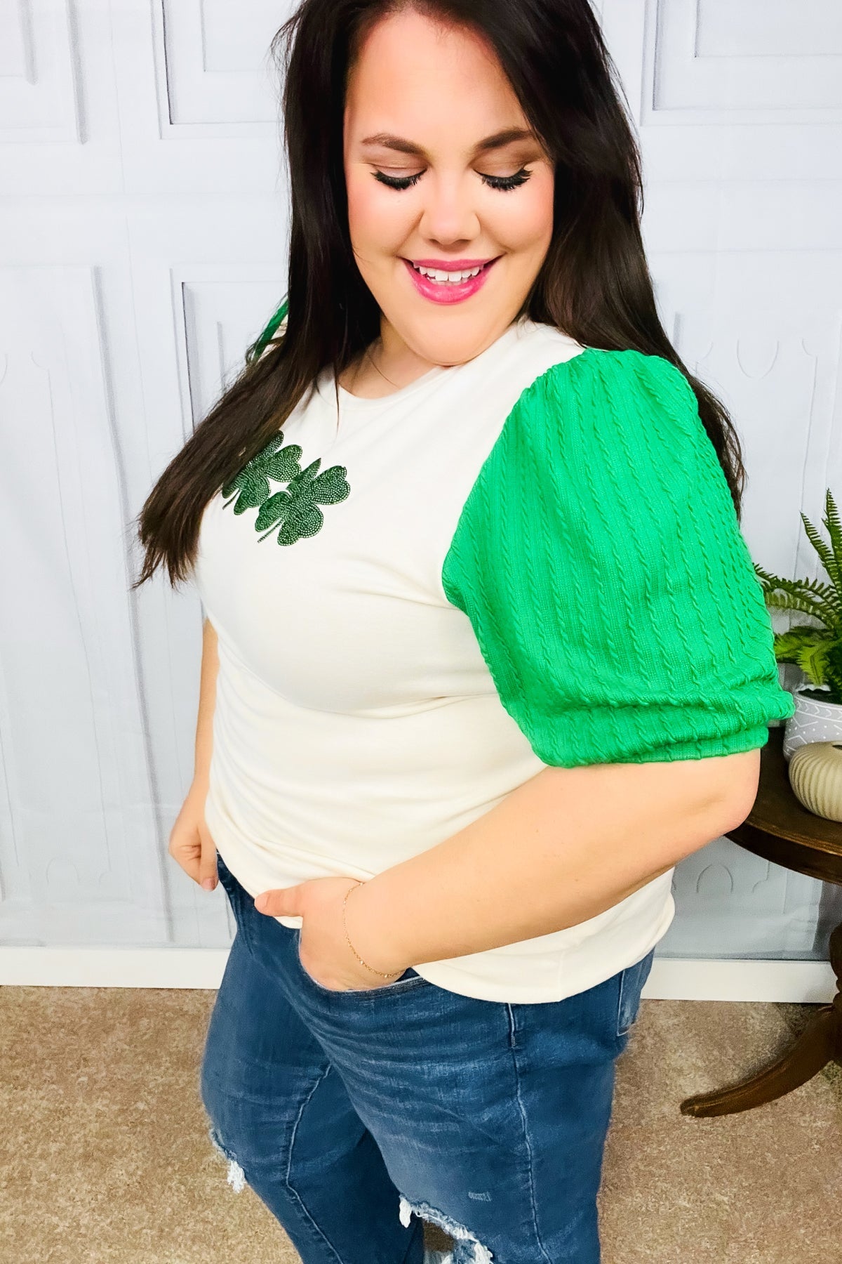 Lucky Sequin Clover Oatmeal Cable Knit Puff Sleeve Top