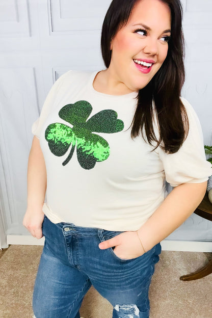 Saint Patty Sequin Clover French Terry Puff Sleeve Top