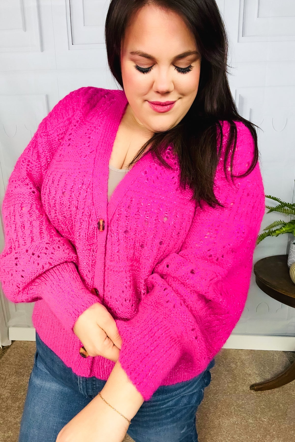 Pretty In Pink Button Down Pointelle Knit Cardigan