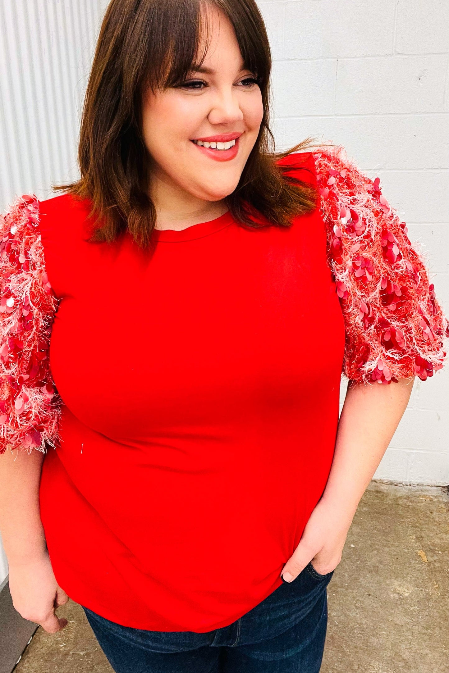 Come To Me Red Sequin Puff Short Sleeve Top