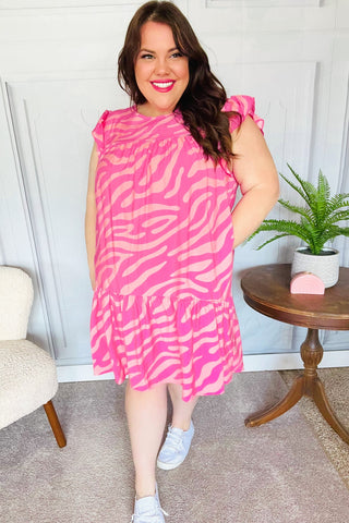 Remember Me Pink Zebra Print Tiered Ruffle Sleeve Woven Dress