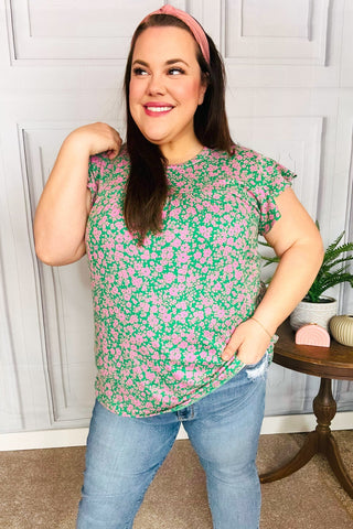 Dreamy Green & Pink Floral Yoke Ruffle Short Sleeve Top