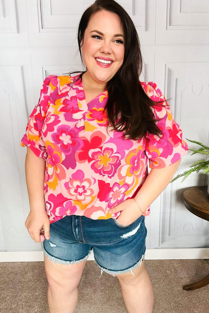 All That You Need Pink Floral Puff Sleeve V Neck Top