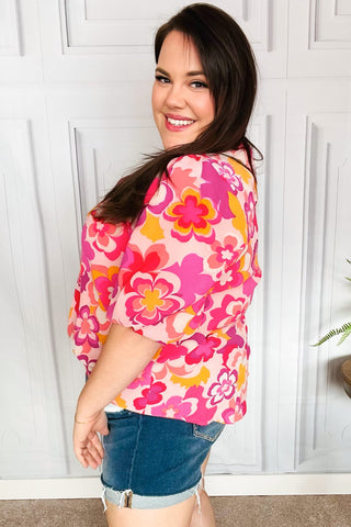 All That You Need Pink Floral Puff Sleeve V Neck Top