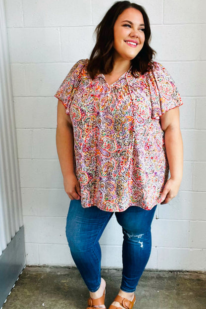 Plum Multicolor Boho Paisley Tie Neck Dolman Top