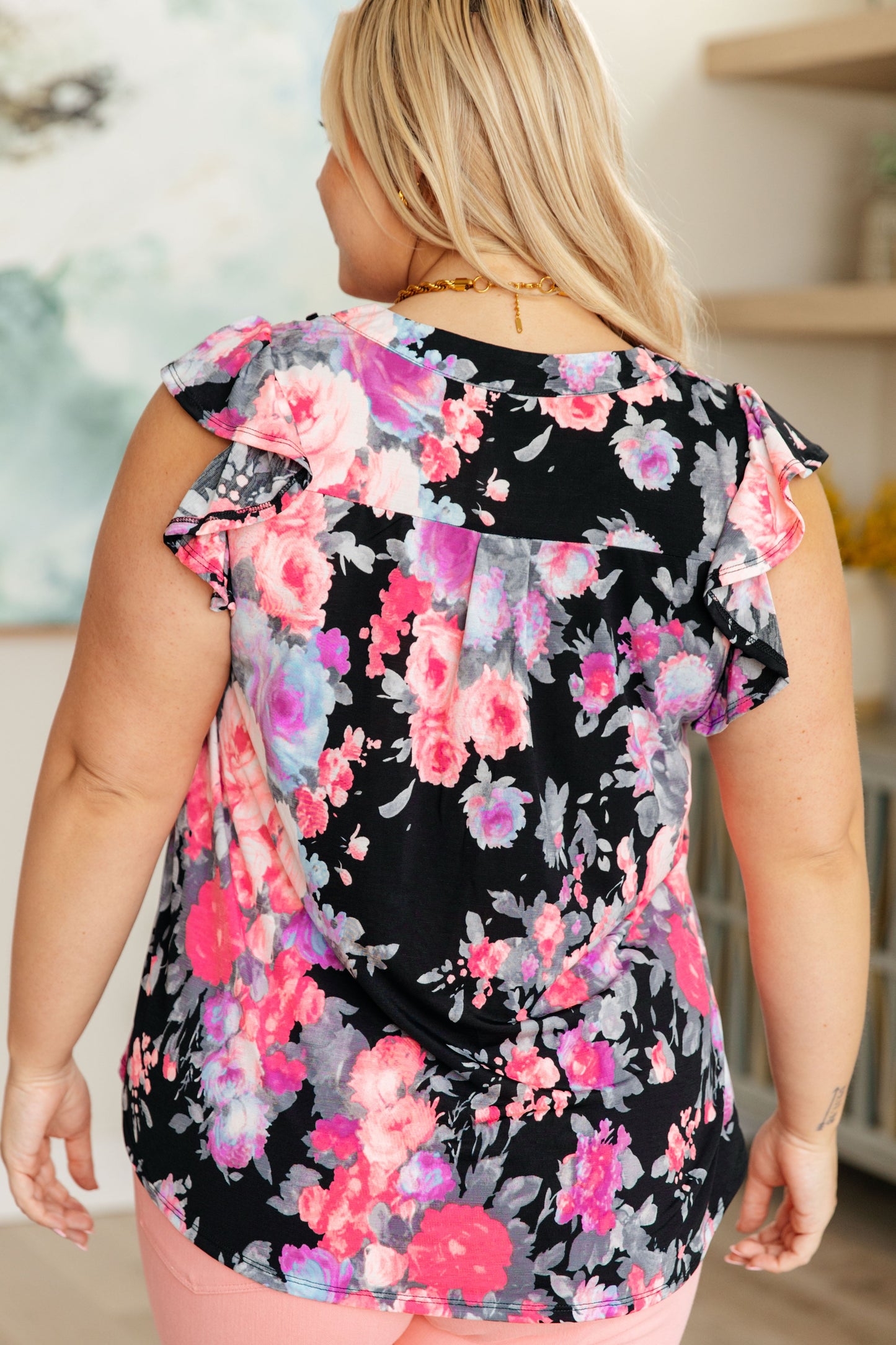 Lizzy Flutter Sleeve Top in Black and Dusty Pink Floral