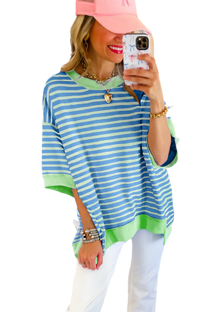 Sky Blue Stripe Contrast Drop Sleeve Loose Top