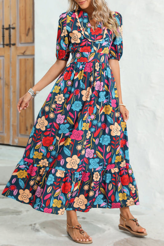 Green Floral Print Split V Neck Puff Sleeve Maxi Dress