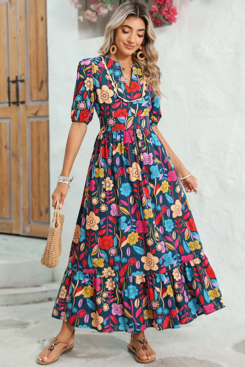 Green Floral Print Split V Neck Puff Sleeve Maxi Dress